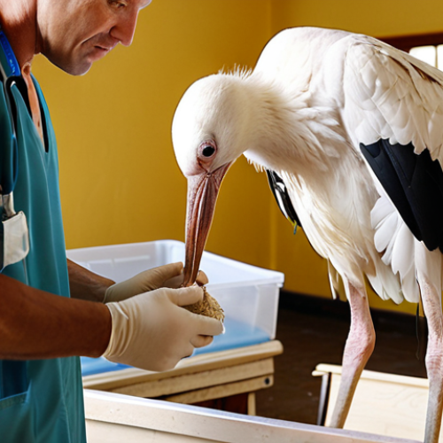 Home 11 **Prompt:** A heartwarming scene inside a stork rehabilitation center. A veterinarian gently hand-feeds a stork with a fractured wing. Soft, natural lighting, focus on the compassion in the veterinarian's eyes. Background shows other storks in recovery, clean and organized environment.