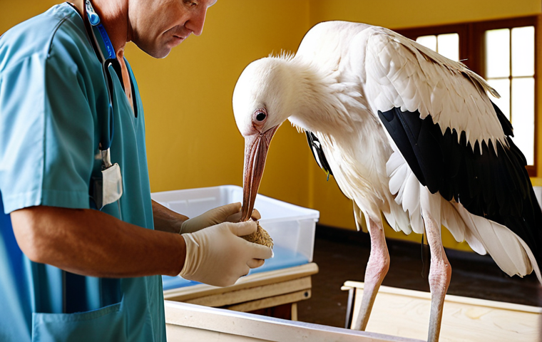 **Prompt:** A heartwarming scene inside a stork rehabilitation center. A veterinarian gently hand-feeds a stork with a fractured wing. Soft, natural lighting, focus on the compassion in the veterinarian's eyes. Background shows other storks in recovery, clean and organized environment.