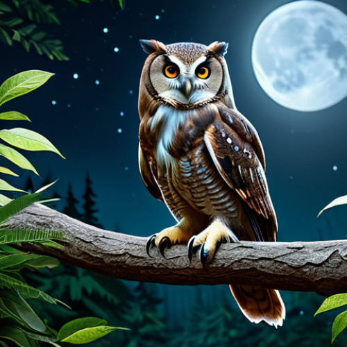 Home 25 **
"A wise-looking owl perched on a branch in a moonlit forest, surrounded by lush foliage, fully clothed, safe for work, professional, appropriate content, perfect anatomy, natural proportions, high-quality illustration, family-friendly."
**