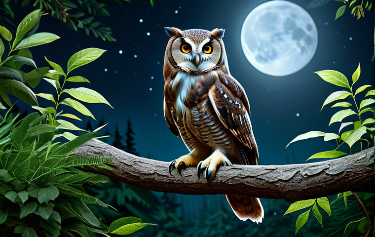 **

"A wise-looking owl perched on a branch in a moonlit forest, surrounded by lush foliage, fully clothed, safe for work, professional, appropriate content, perfect anatomy, natural proportions, high-quality illustration, family-friendly."

**