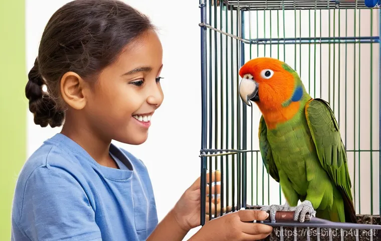 조류 사육 초보자 가이드 - **Prompt:** A vibrant, close-up image of a healthy, colorful parrot (such as an African Grey, Budger...