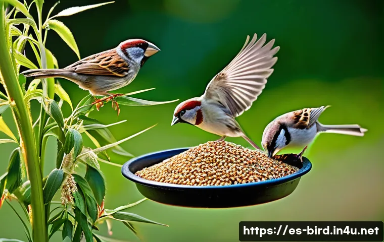 참새 먹이 급여법 - **Prompt 1: A Vibrant Sparrow Feast**
    An ultra-realistic, highly detailed image of several healt...