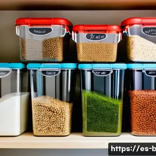 새 모이 저장 방법 - A bright, organized Spanish kitchen pantry featuring airtight hard plastic containers with secure li...