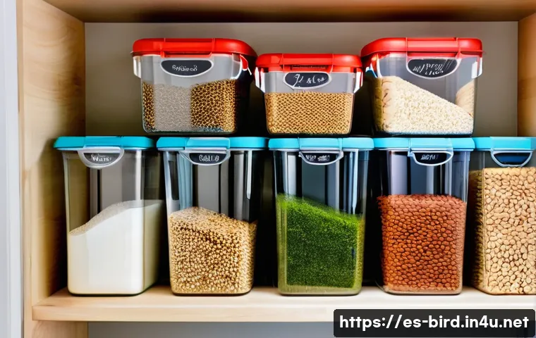 새 모이 저장 방법 - A bright, organized Spanish kitchen pantry featuring airtight hard plastic containers with secure li...