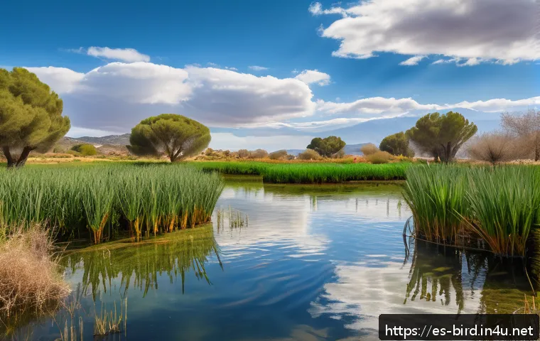 오리의 물가 서식지 선택 - A serene wetland scene in southern Spain during early spring, featuring a clear, shallow pond with a...