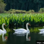 백조와 흑조의 서식지 비교 - A serene freshwater lake in a European natural park during spring, featuring elegant white trumpeter...